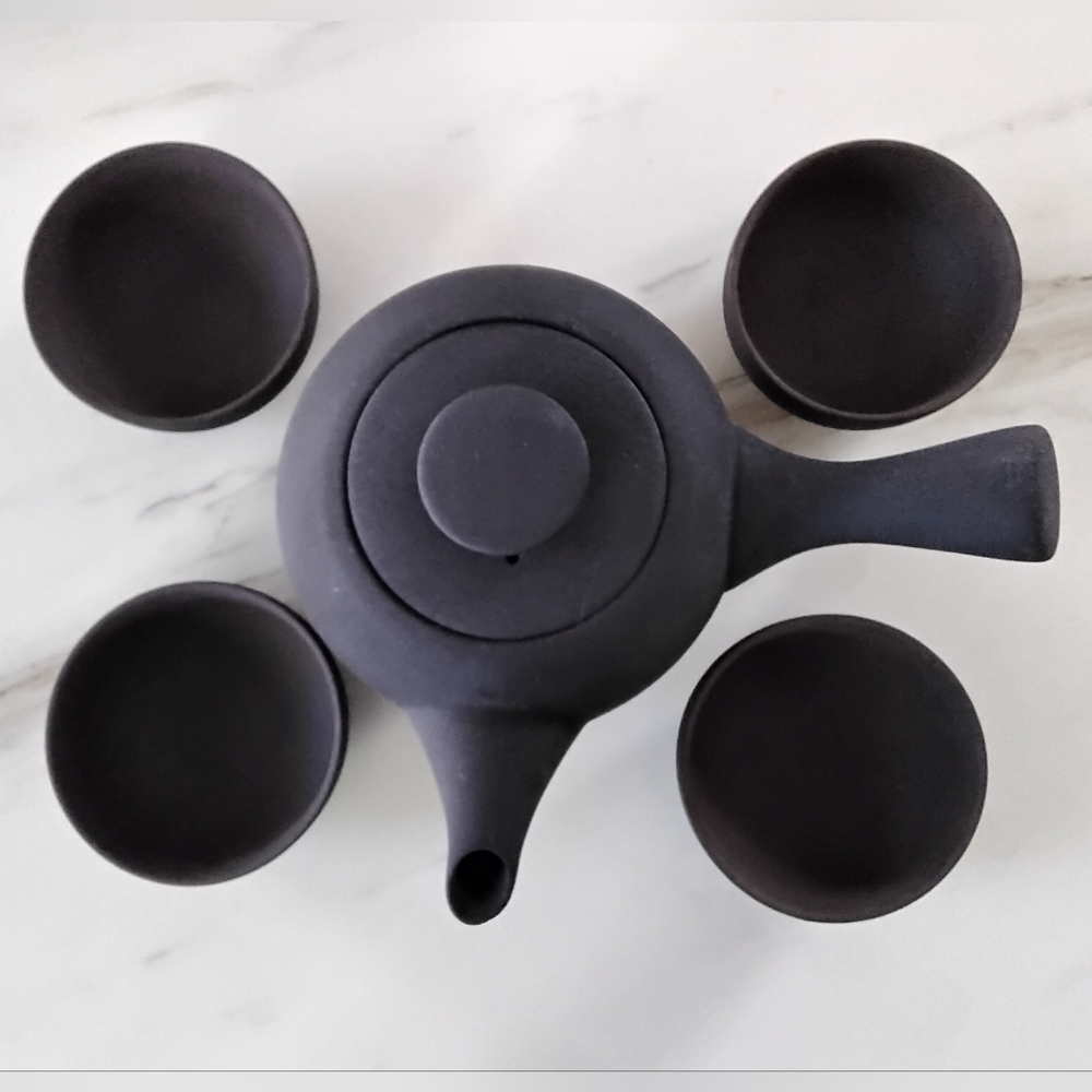 Teavana Stoneware Kyusu Side Handle Teapot & 4 Tea Cups Set